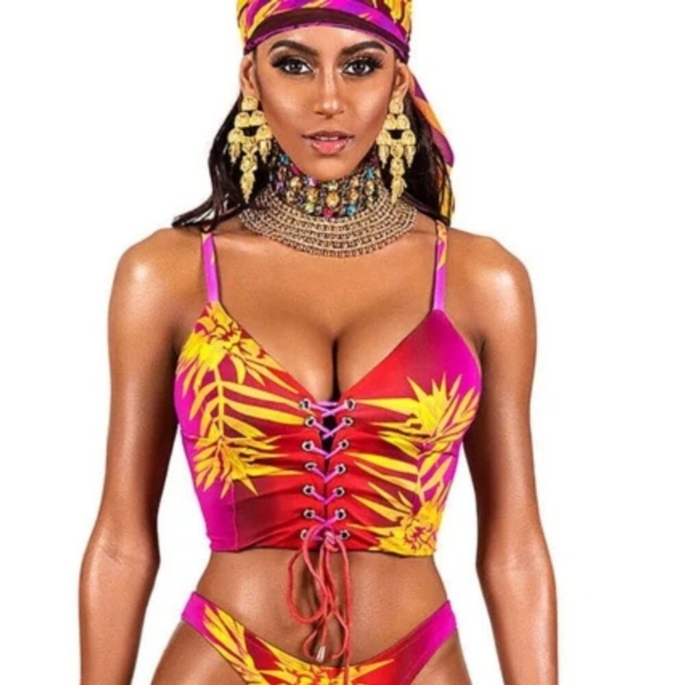New! BFyne Zika Red/Pink/Yellow Floral Lace-Up Longline Bikini Top 10584